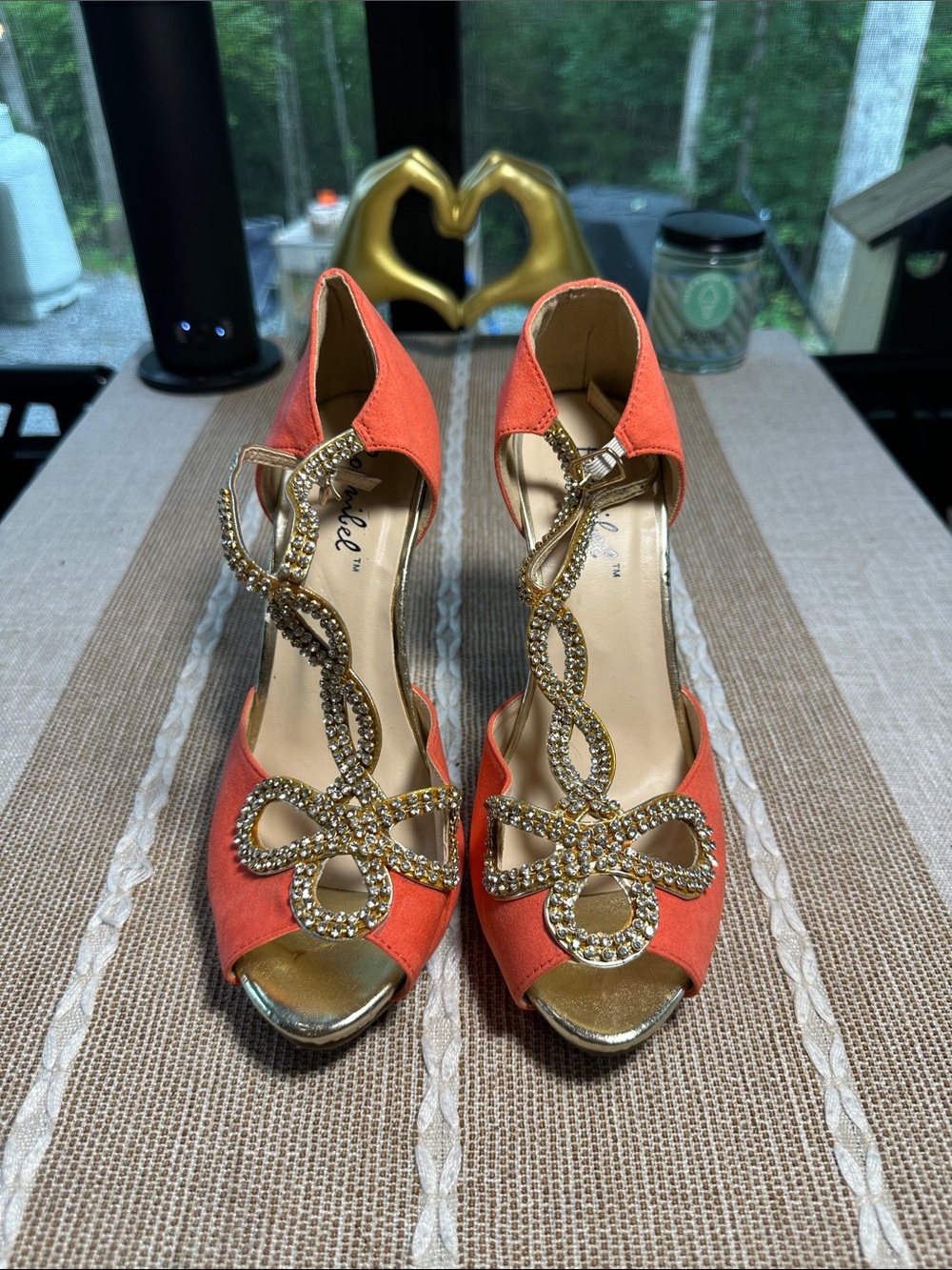 Bonnibel Coral Orange Peep-Toe Heels with Gold Crystal Straps